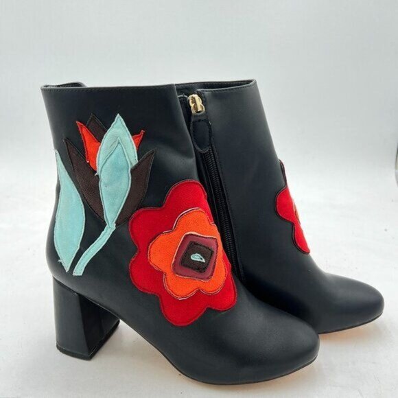 FSJ Black Women Fabulous Round Toe Ankle Boots Chunky Heels Floral Sewed Shoes - Picture 1 of 7